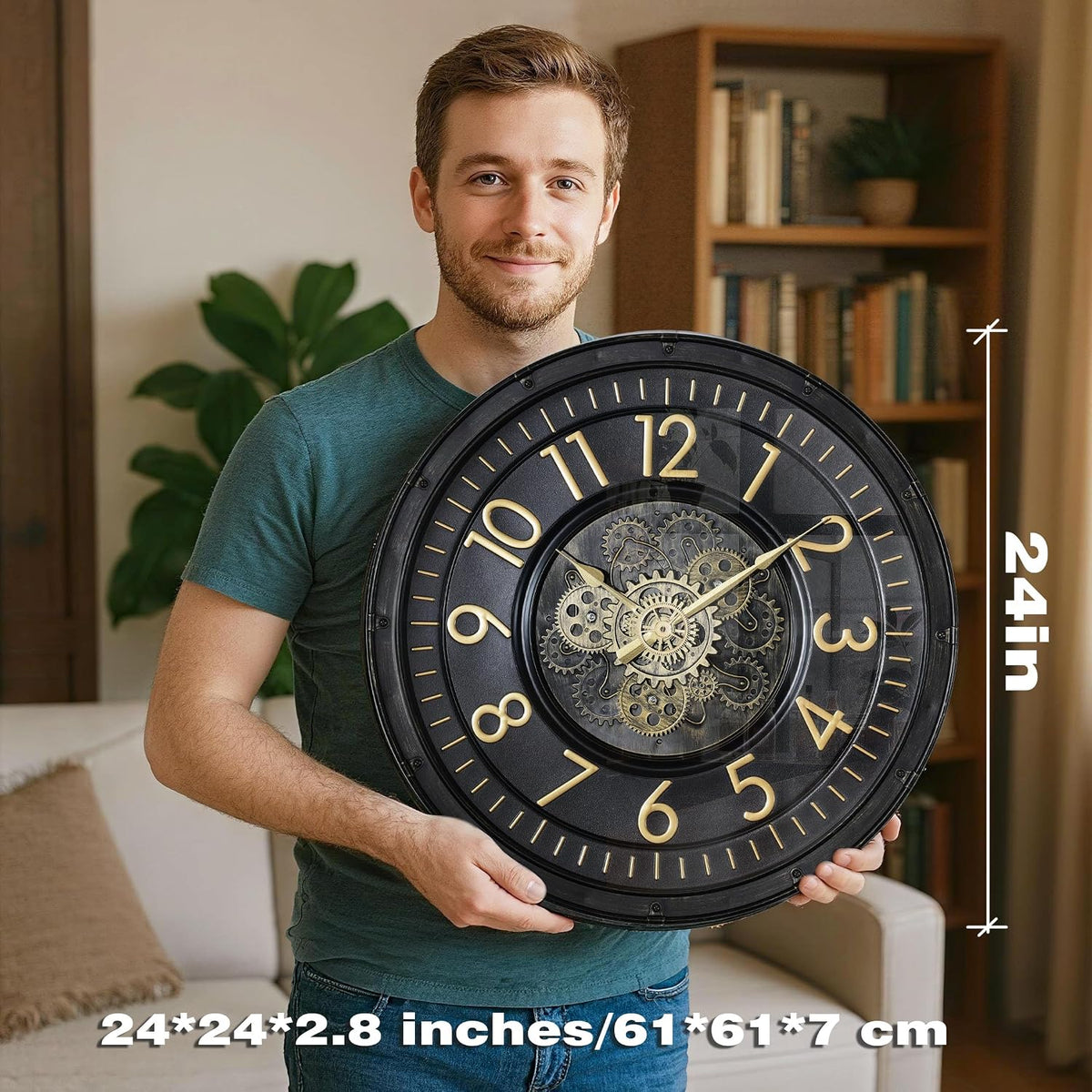 AYRELY® 24IN Decorative Moving Gear Large Wall Clock, Oversized Industrial Steampunk Gears, Big Numerals Wall Clock for Modern Living Room Decor (Black)