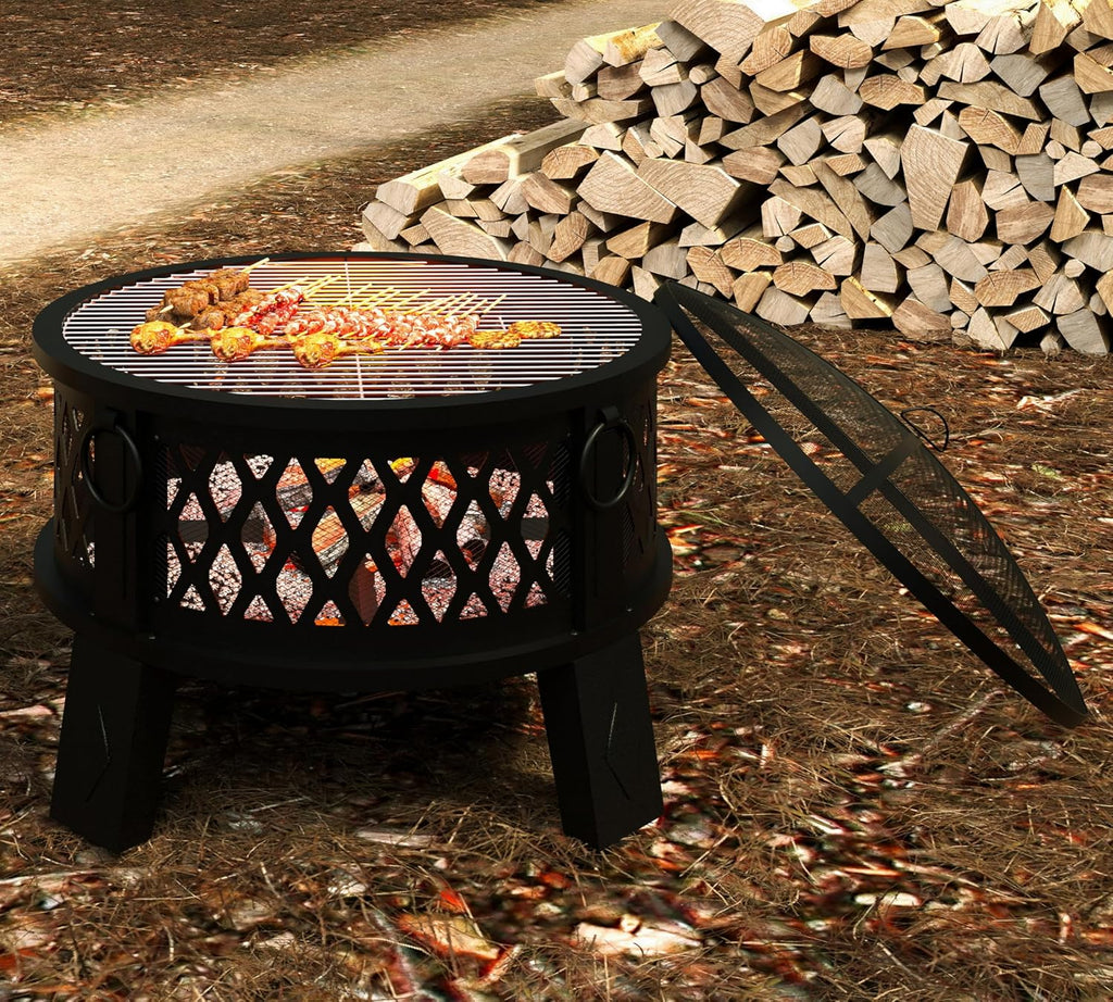 Fire Beauty 26in 2‑in‑1 Carbon Steel Fire Pit for Camping Backyard Patio