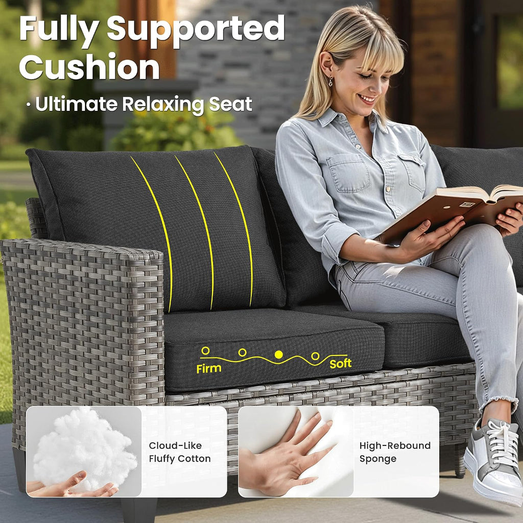 ovios 9 Pieces Patio Furniture Set, Outdoor Wicker Sofa Couch with Swivel Glider Chairs Solar Lights Table, Modern Deep Seat Rattan Conversation Sets for Deck Porch, Black