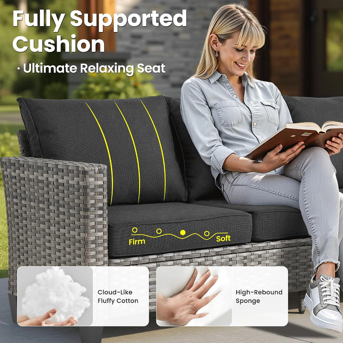 ovios 9 Pieces Patio Furniture Set, Outdoor Wicker Sofa Couch with Swivel Glider Chairs Solar Lights Table, Modern Deep Seat Rattan Conversation Sets for Deck Porch, Black
