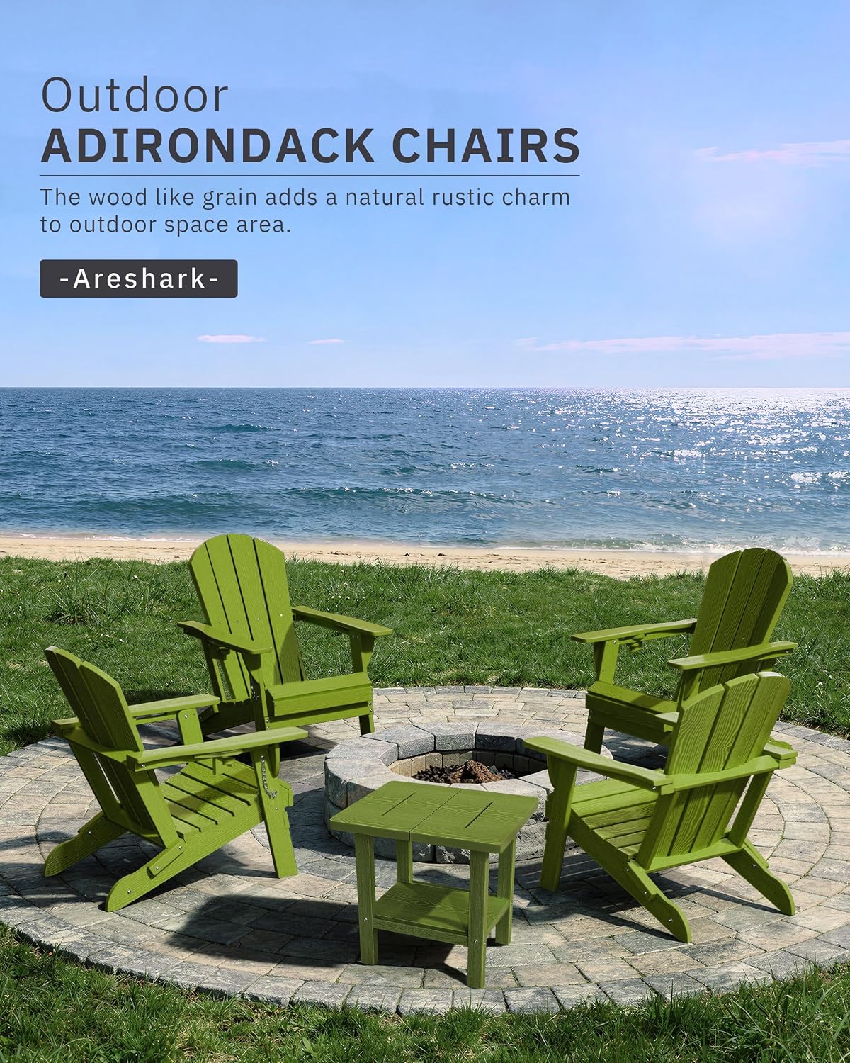 AreShark HDPE Folding Adirondack Chair with Cup Holder, Green