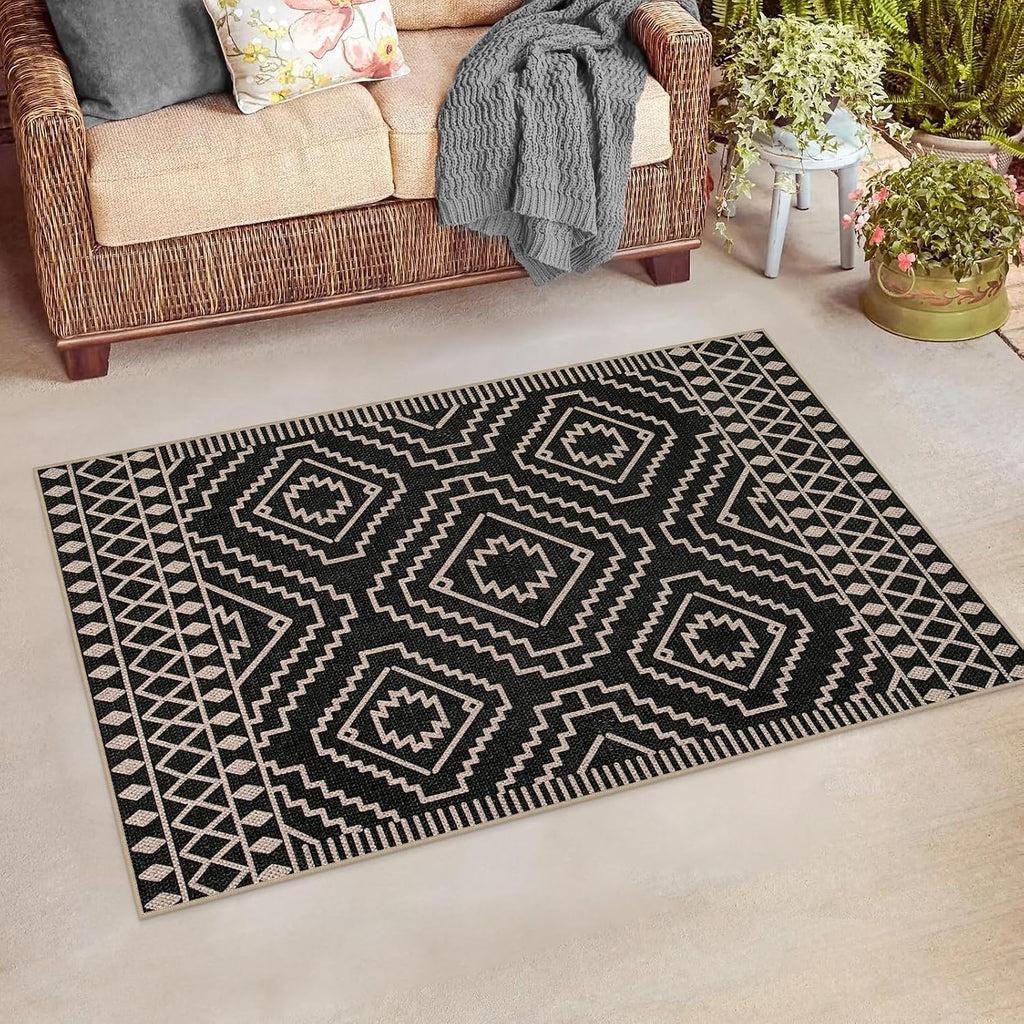Lahome Moroccan Black Outdoor Rug, 3x5 Easy Jute Washable Entryway Rug