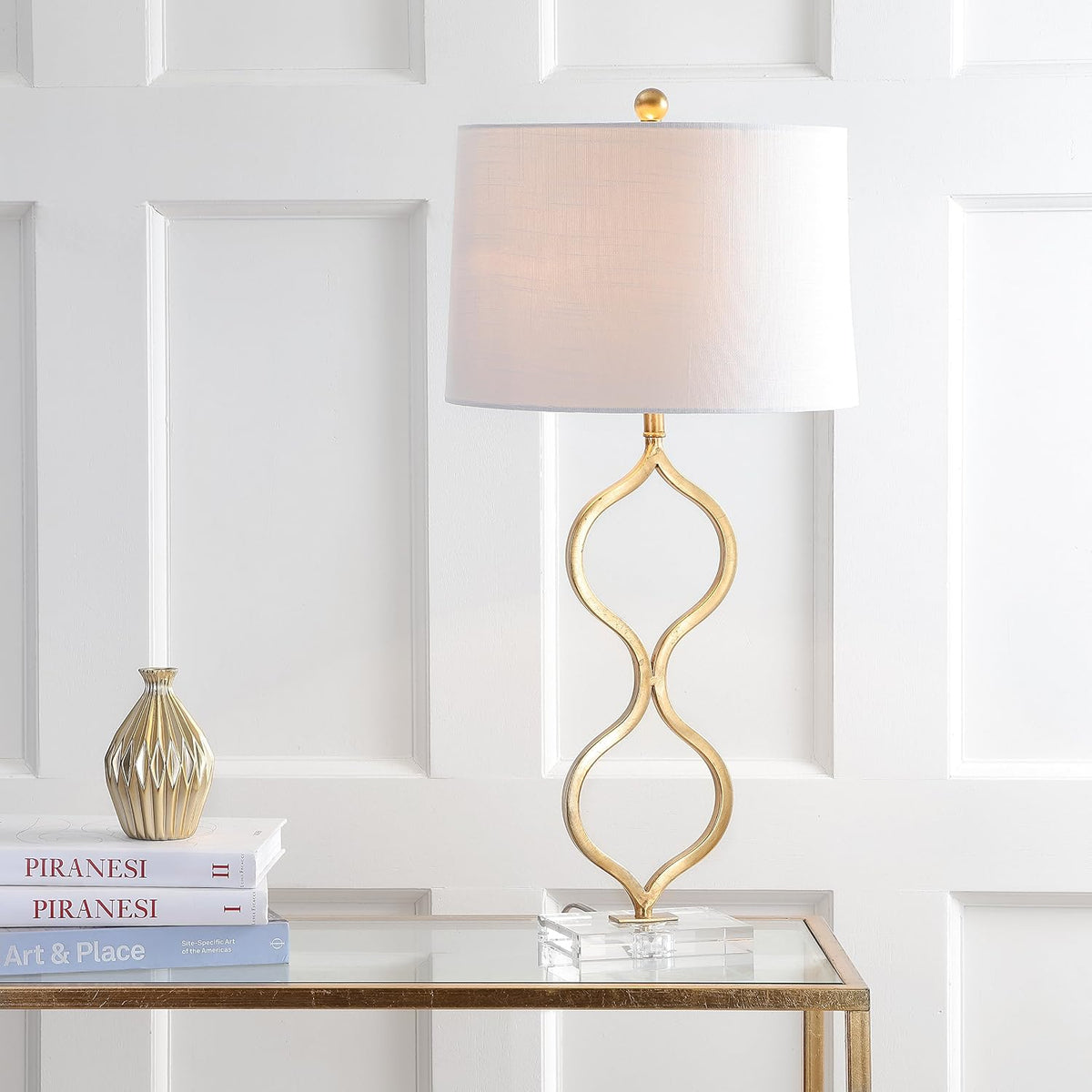 JONATHAN Y Levi Table Lamp 31.5" Curved Metal and Crystal, Gold Painting