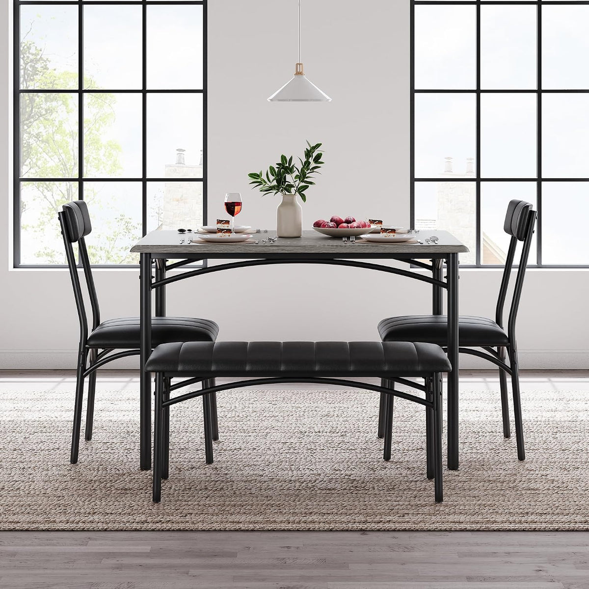 Garvee Dining Table Set for 4, Kitchen Table with Upholstered Bench and 2 Chairs, 4-Piece Wooden Dining Table Set for Apartment, Dining Room, Small Space, Gray