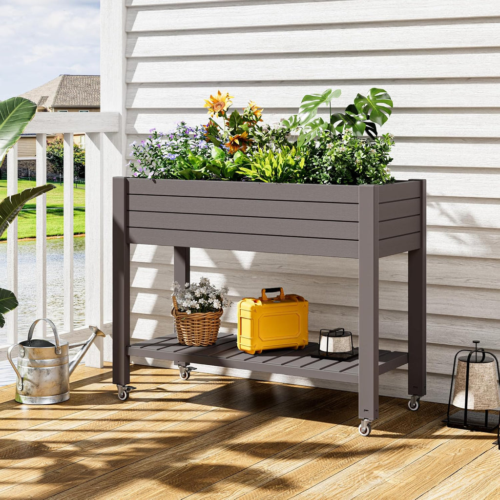 Elevated Raised Garden Bed with Wheels,Planter Box,Gray-33.7" h