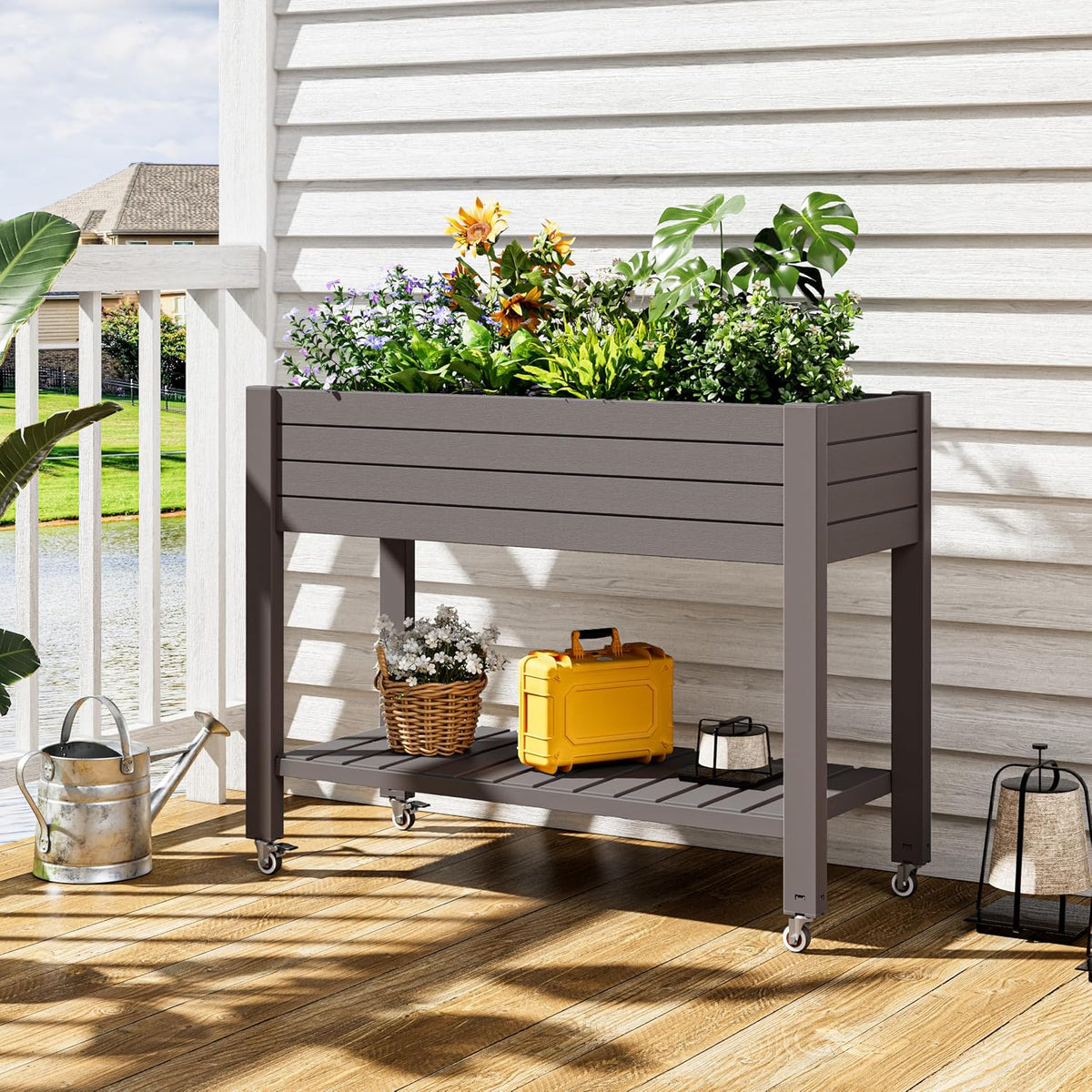 Elevated Raised Garden Bed with Wheels,Planter Box,Gray-33.7" h