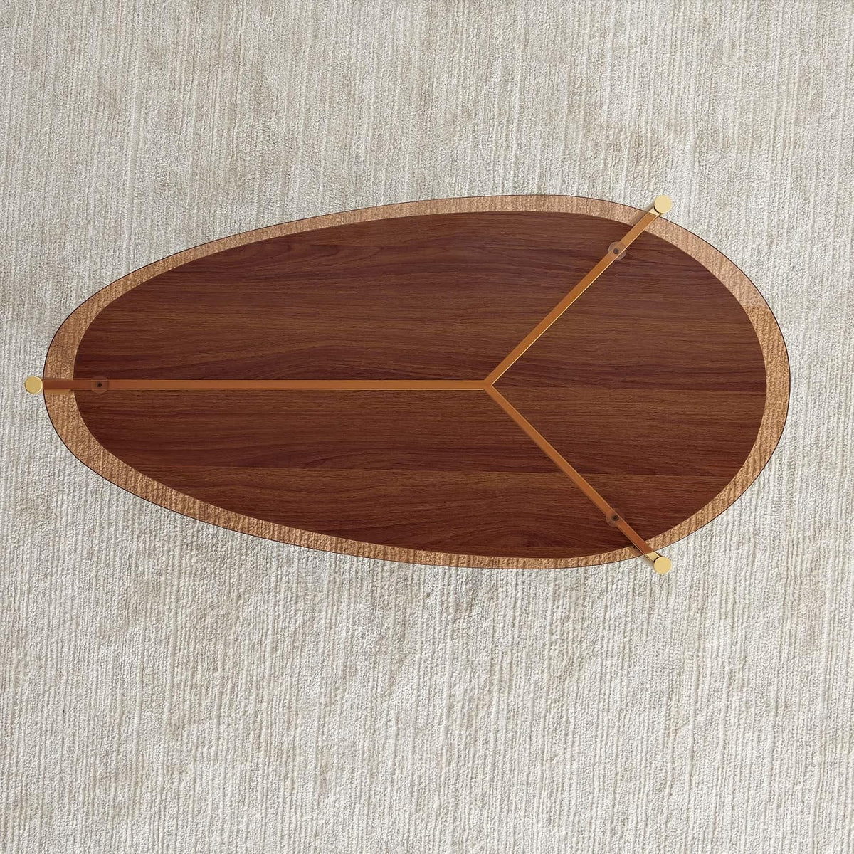 LumFurn Oval Glass Coffee Table, Mid-Century Modern Design, L43 x W21 x H17 inch, for Living Room, 2-Tier Structure, Amber Glass Top, Walnut Finish Wood Shelf & Gold Finish Frame