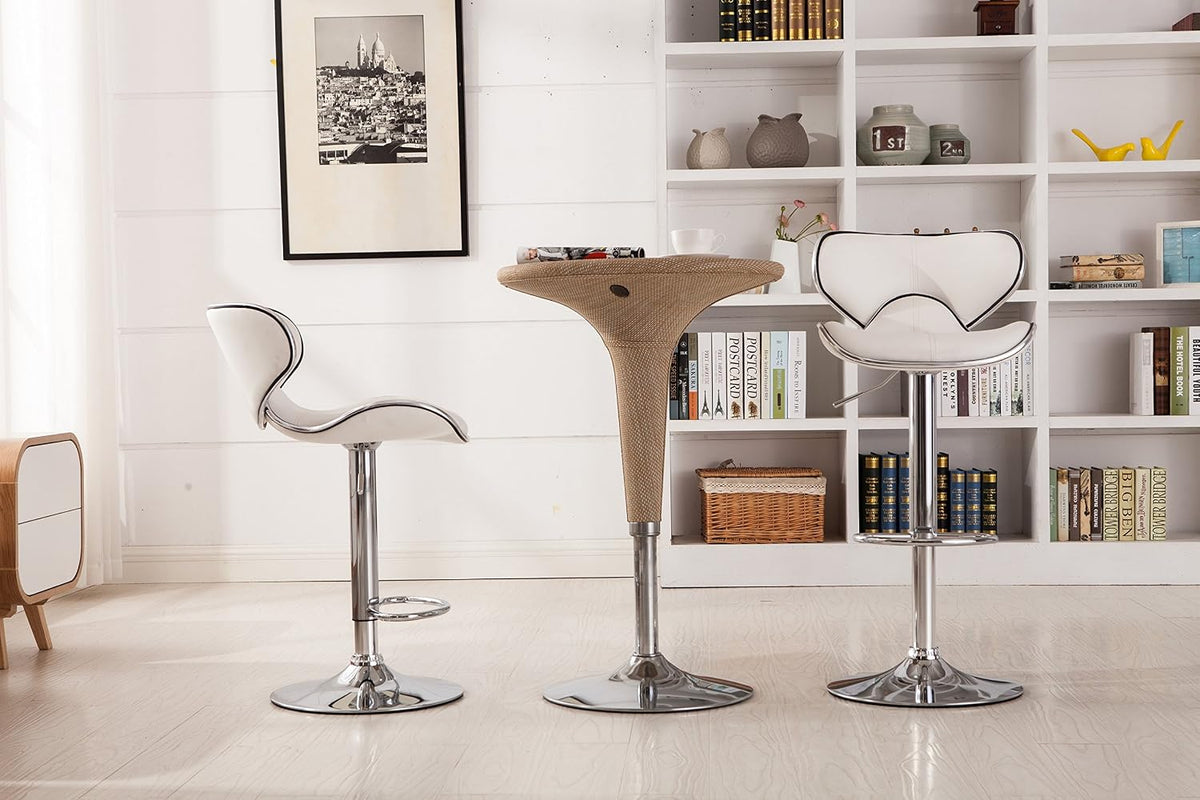 Roundhill Furniture Masaccio Cushioned Leatherette Upholstery Airlift Adjustable Swivel Barstool with Chrome Base, Set of 2, White