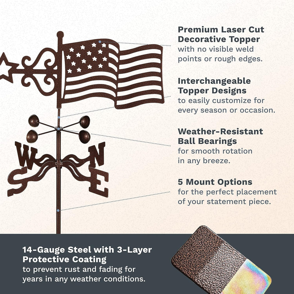 EZ Vane Steel USA Flag Weathervane with Wind Cups — Roof Mount