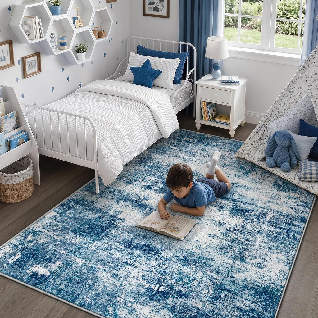 TENGTENGLINK 6x9 Area Rugs for Living Room, Washable Abstract Rug, Blue