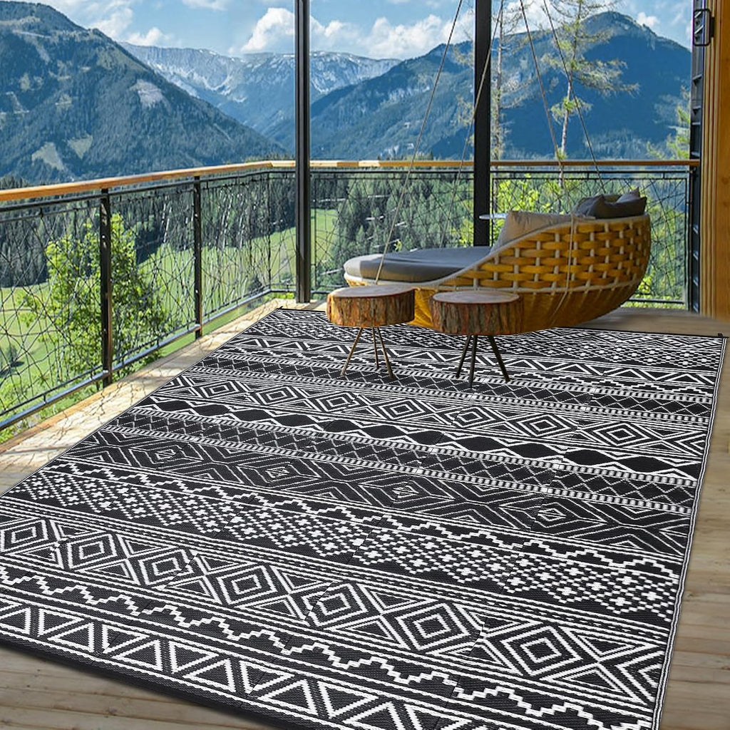 Garvee Outdoor Rug 9x18 Reversible Waterproof Rug for Patio Black/White