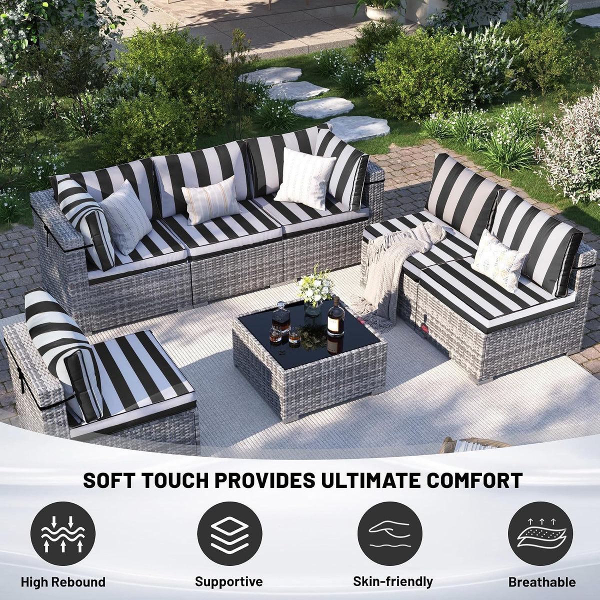14 Piece Outdoor Sectional Cushions, Water-Resistant Outdoor Sofa Cushions Replacement, 4" High Density Foam Patio Furniture Cushions Fits 6-seat Rattan Conversation Set (Black White Stripes)