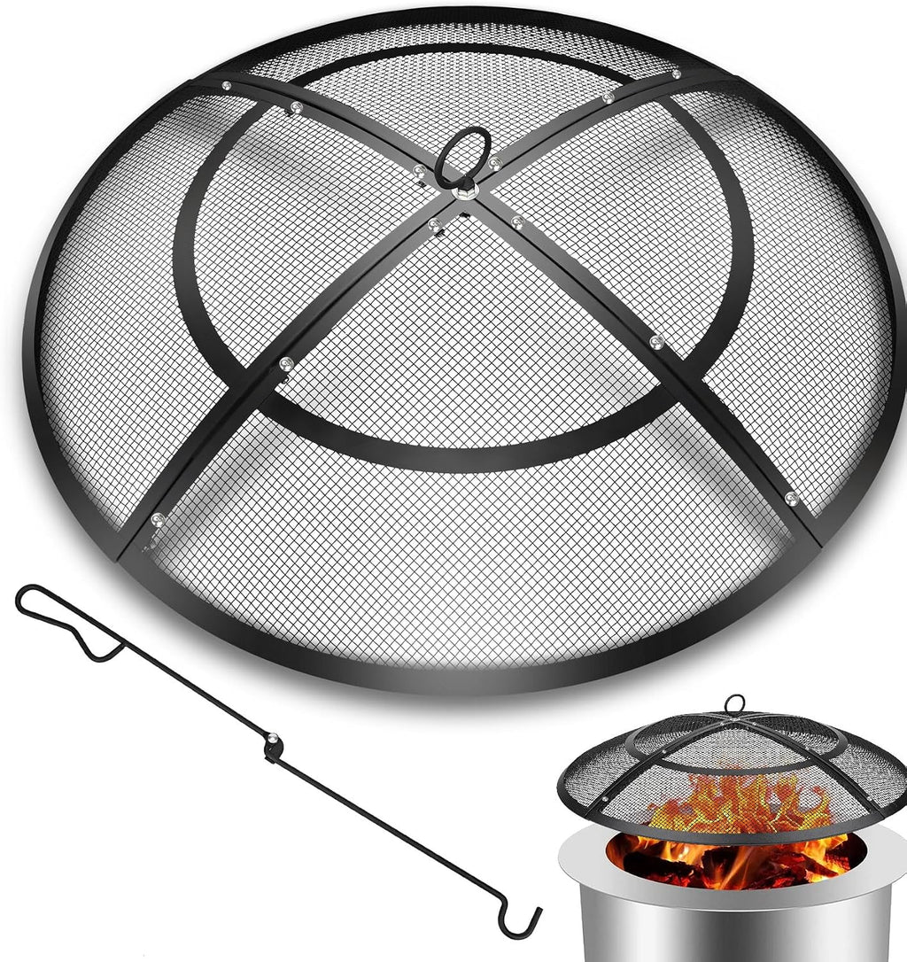 Fire Pit Spark Screen,22 Inch Fire Pit Screen Cover Outdoor with Handle&Poker,Firepit Screens Round Cover Mesh Replacement Heavy-Duty Steel Fire Pit Cover for Backyard/Beach/RV Camping