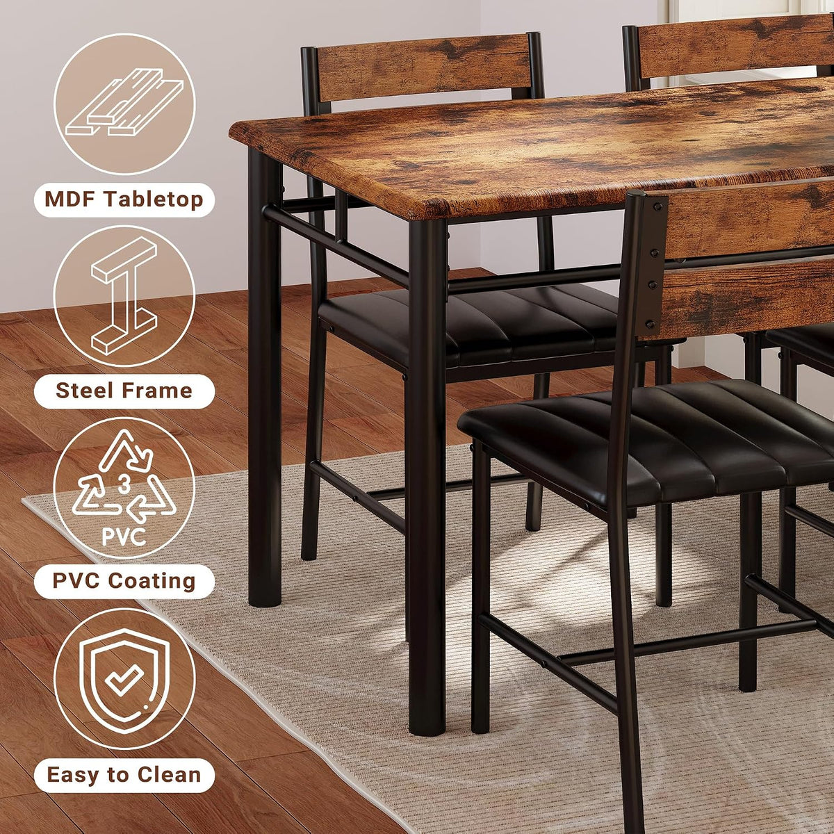 IRONCK Dining Table Set for 4, Rustic Brown
