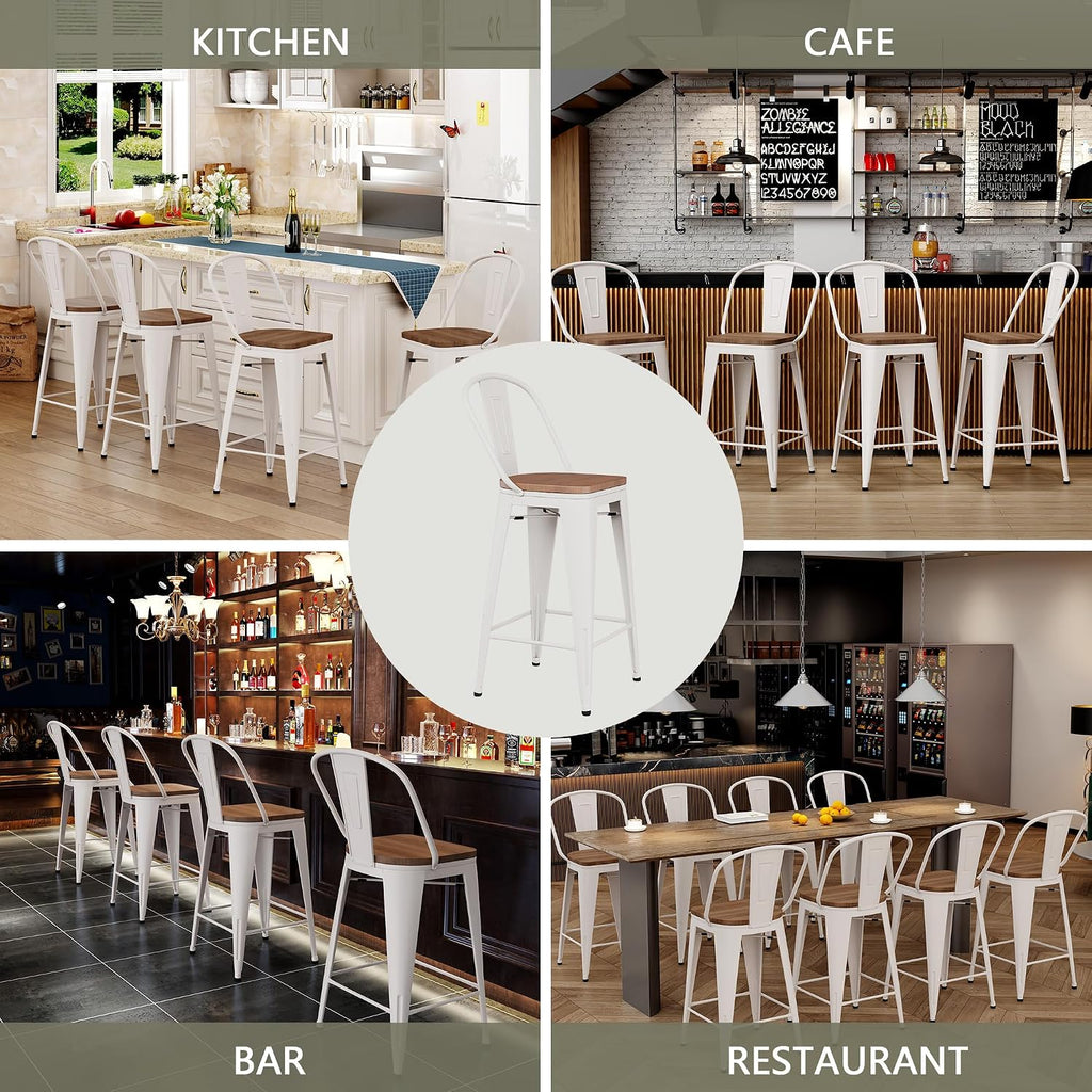 24" Metal Counter Height Bar Stools with Back Set of 4 Off-White