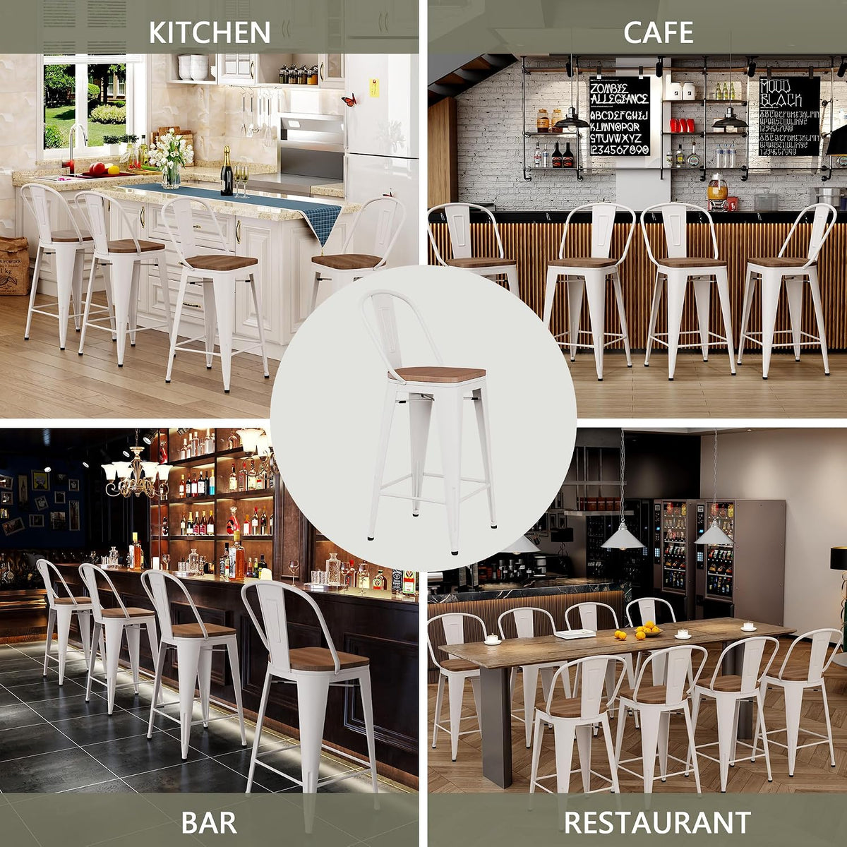 24" Metal Counter Height Bar Stools with Back Set of 4 Off-White