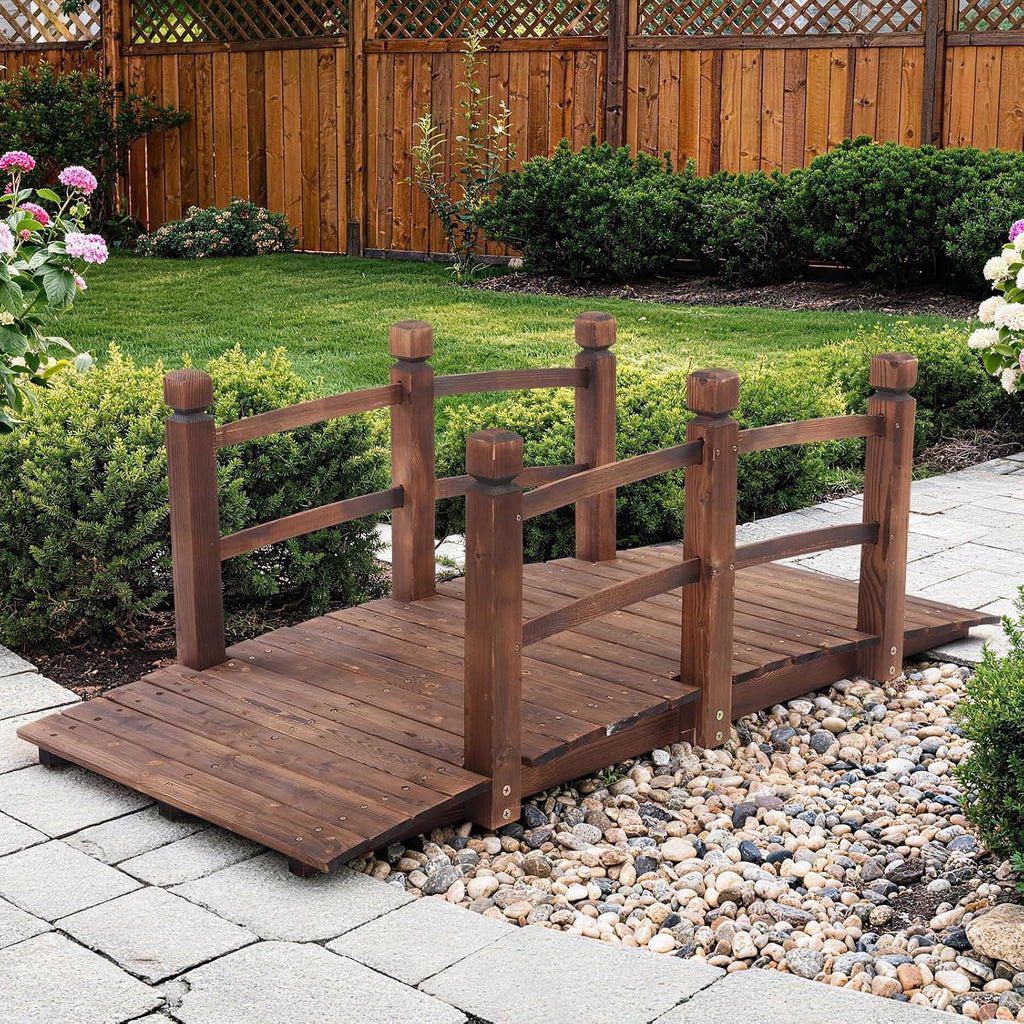 Outvita 5FT Stained Wooden Garden Footbridge with Safety Railings