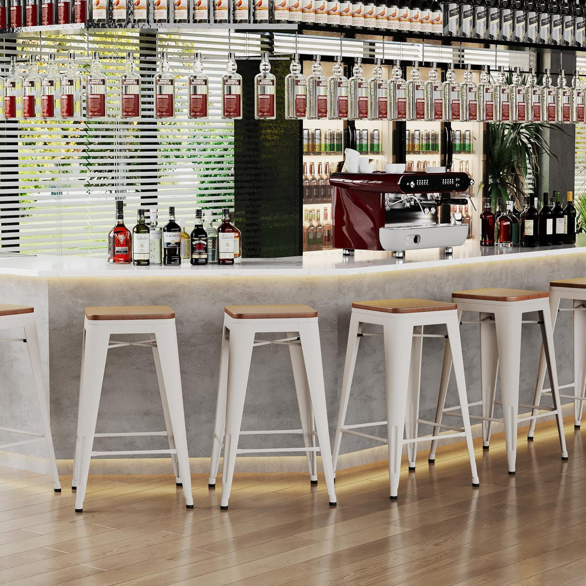 Alunaune 24" Metal Bar Stools Set of 4 Industrial Backless Counter Height Barstools Kitchen Patio Stool Stackable with Wooden Seat- White