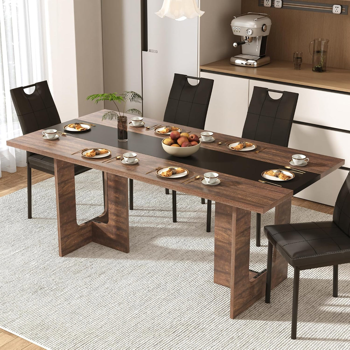 St.Mandyu 7 Pieces Dining Table & Chairs Set for 4-8 People, 71 Inch Kitchen Table with 6 Chairs, Rectangle Dining Table with Wooden Legs for Dining Room, Living Room, Brown