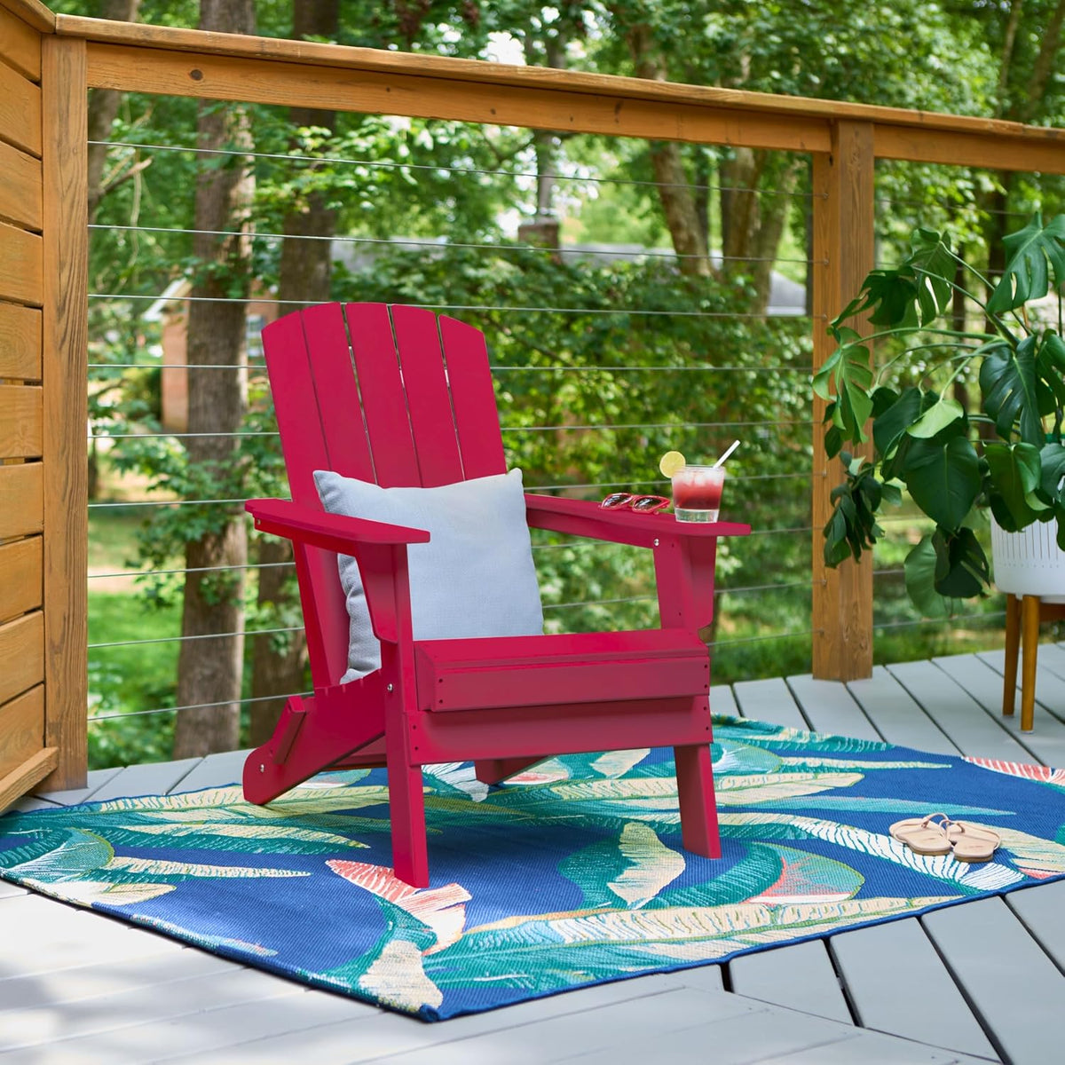 Shine Company 7626CP Seaside Mid-Century Modern Folding Plastic Adirondack Chair | Durable Resin Composite Fire Pit Chairs – Chili Pepper