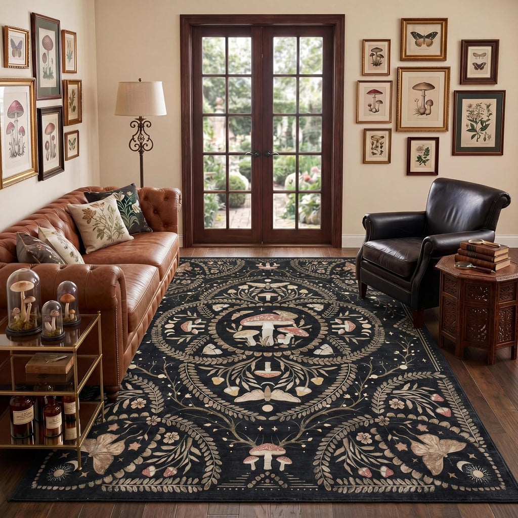 Garvee Mushroom 5x7 Area Rugs for Living Room, Washable Black Gothic Rug