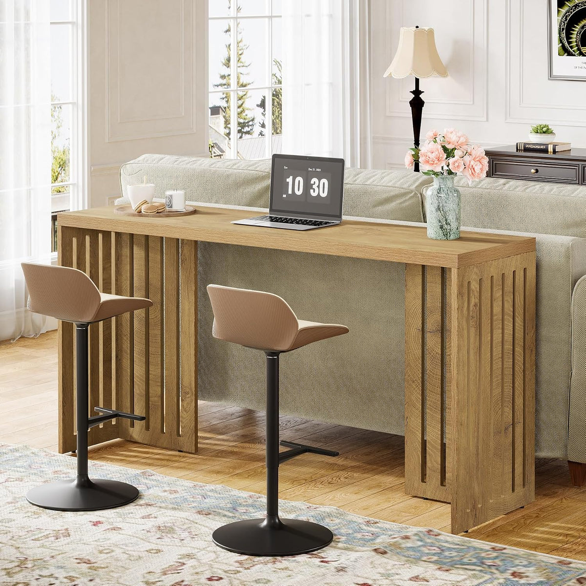 Tribesigns 63-Inch Bar Table with Louvered Base, Natural
