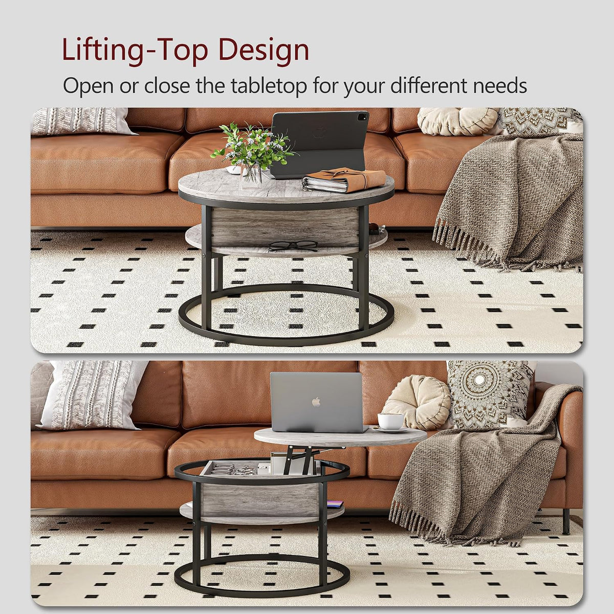 HOJINLINERO Round Coffee Table with Storage,Lift Top Coffee Table for Living Room Reception Room,2 Tier Small Round Table Dining Center,Grey