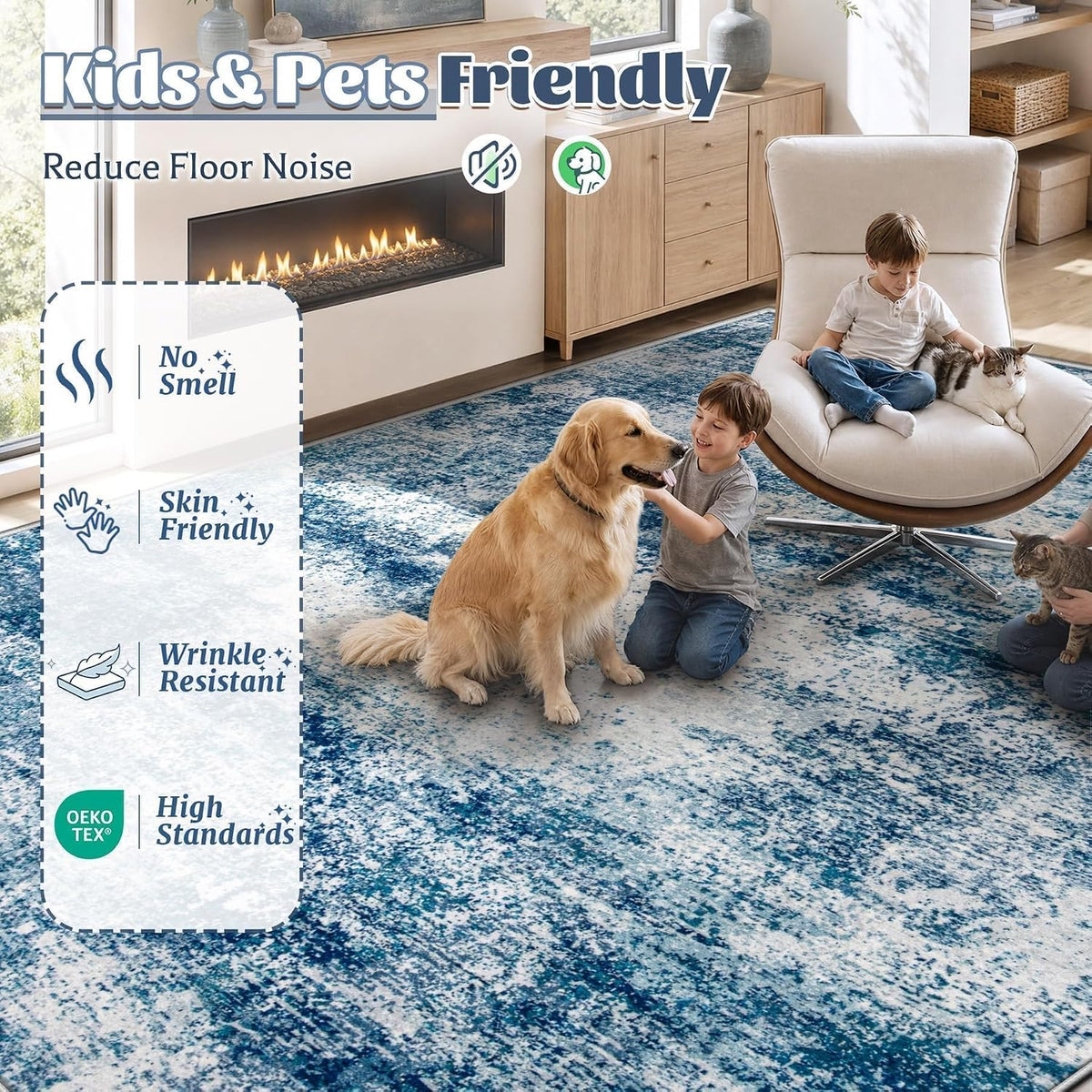 TENGTENGLINK 6x9 Area Rugs for Living Room, Washable Abstract Rug, Blue