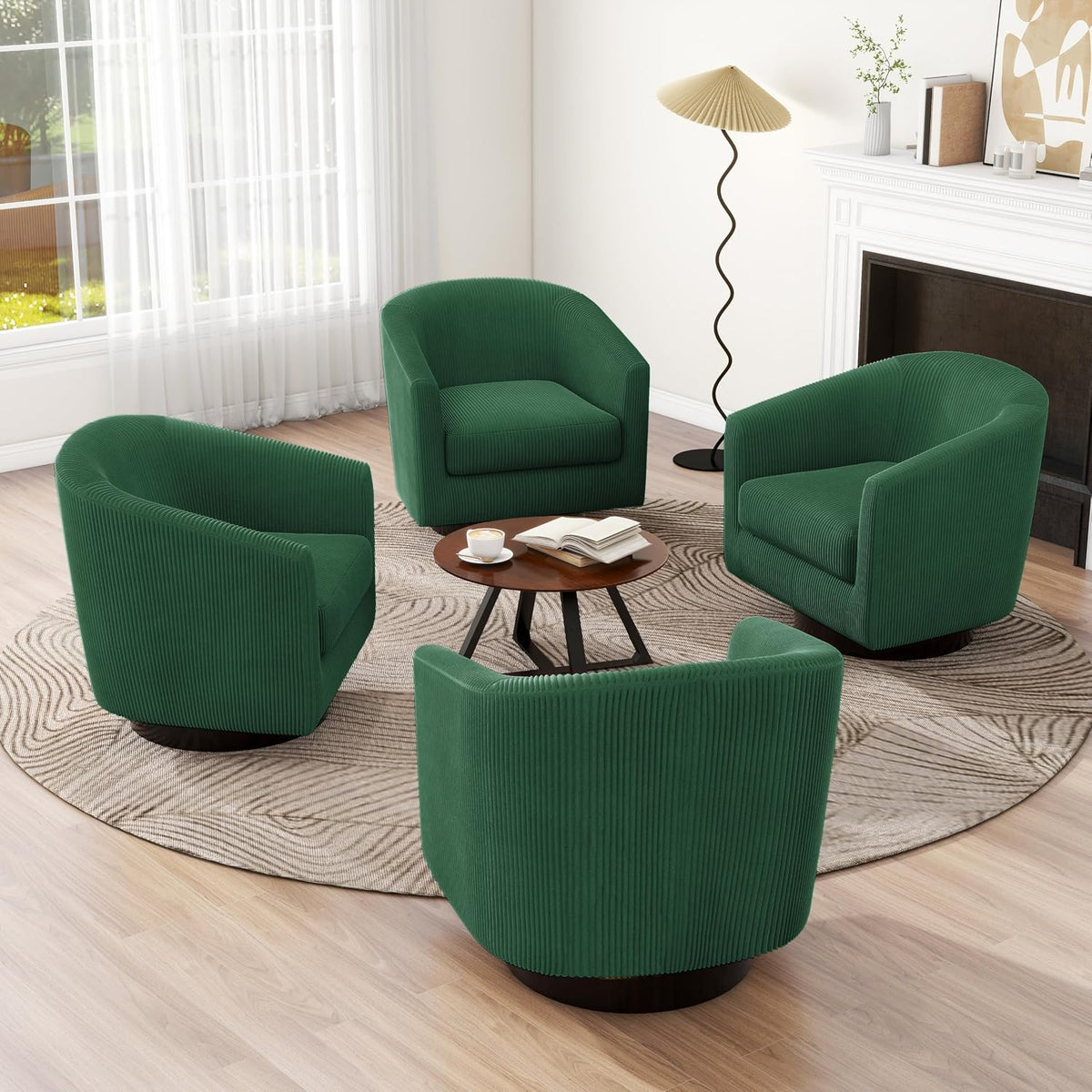 Swivel Barrel Chairs Set of 4, Corduroy Accent Chair, Dark Green