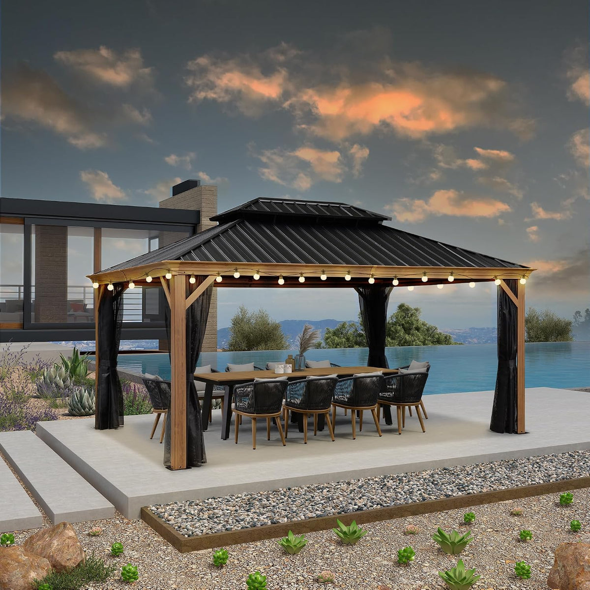 PURPLE LEAF Outdoor Gazebo 12' x 16' with Light Drainage System, Wood Grain