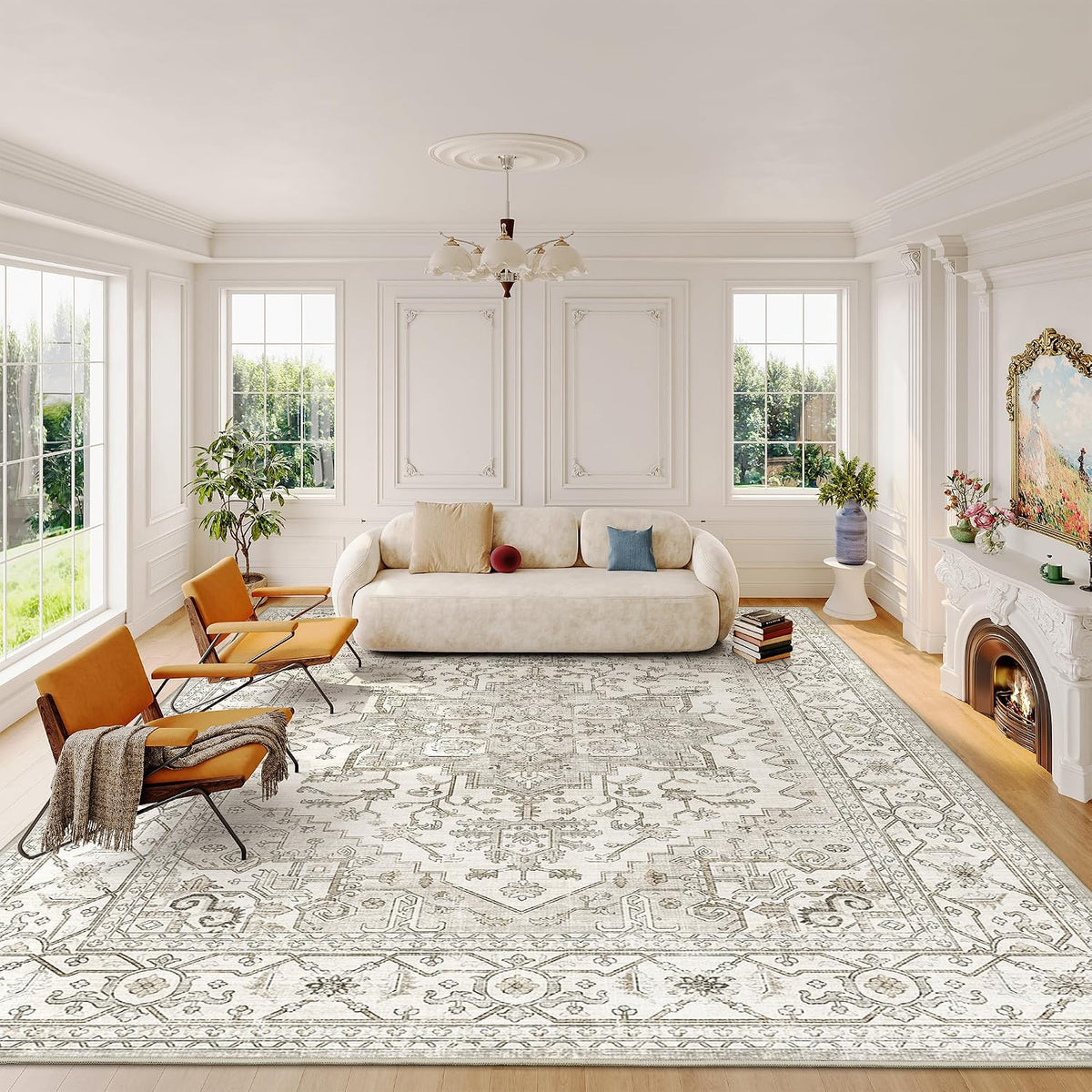 befbee Washable Area Rug 8x10, Large Neutral Beige Carpet for Living Room