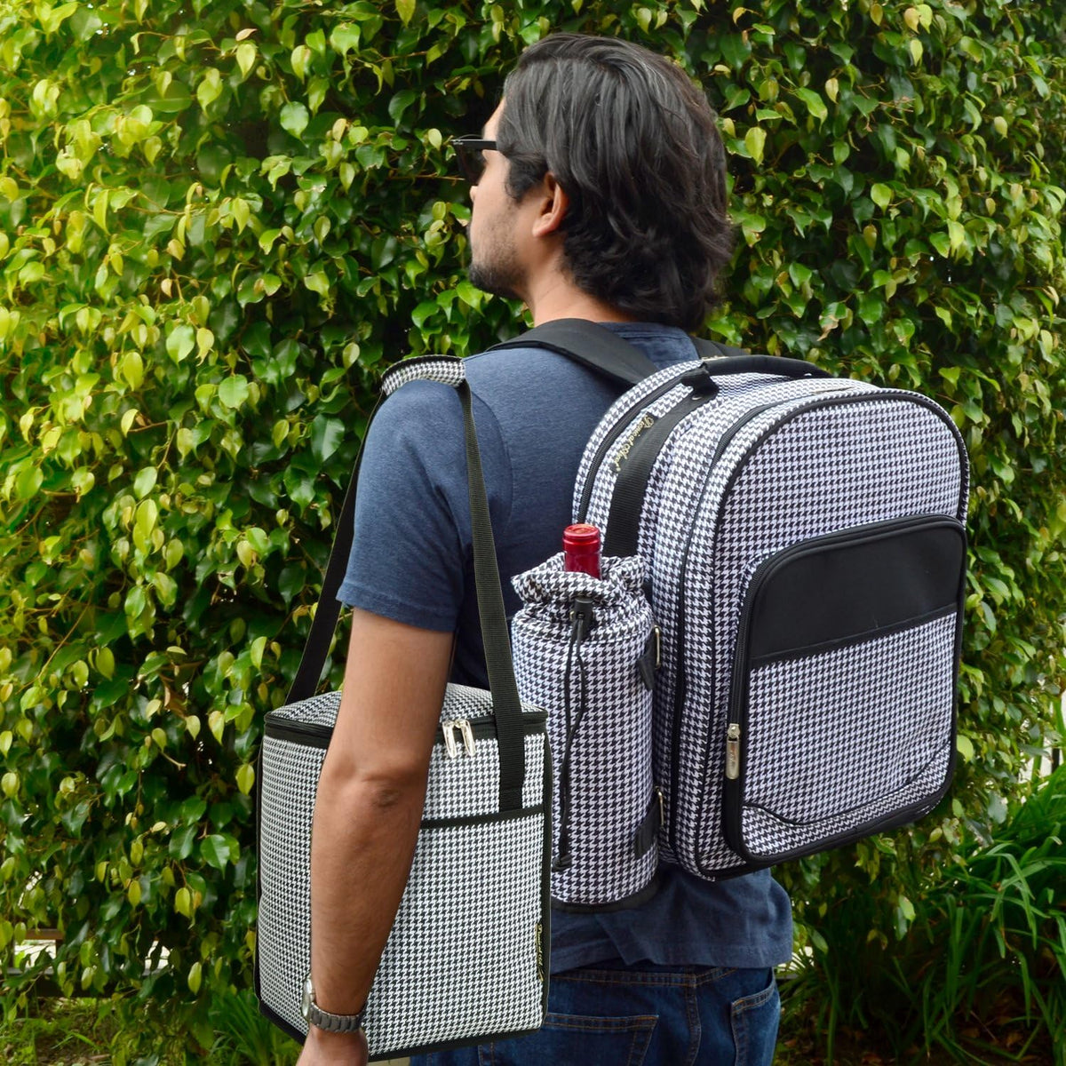 Picnic at Ascot Original Equipped Backpack for 4 with Blanket - Extra Bonus Cooler - Designed & Assembled in California - Houndstooth