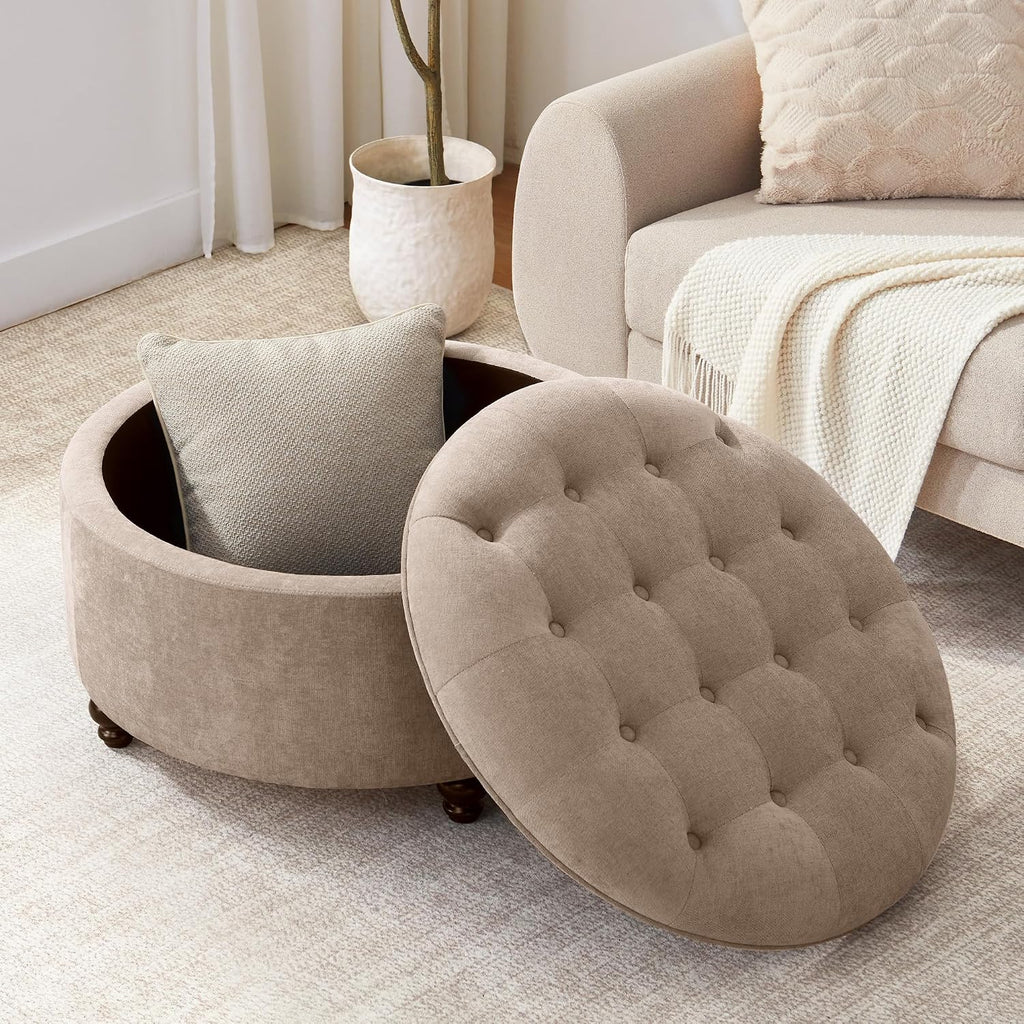 HUIMO 30-Inch Round Storage Ottoman, Button Tufted Coffee Table(Brown)