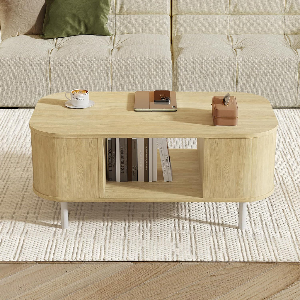 FROMJBEST 39.17" Oval Coffee Table with Sliding Doors, Mid-Century, Oak