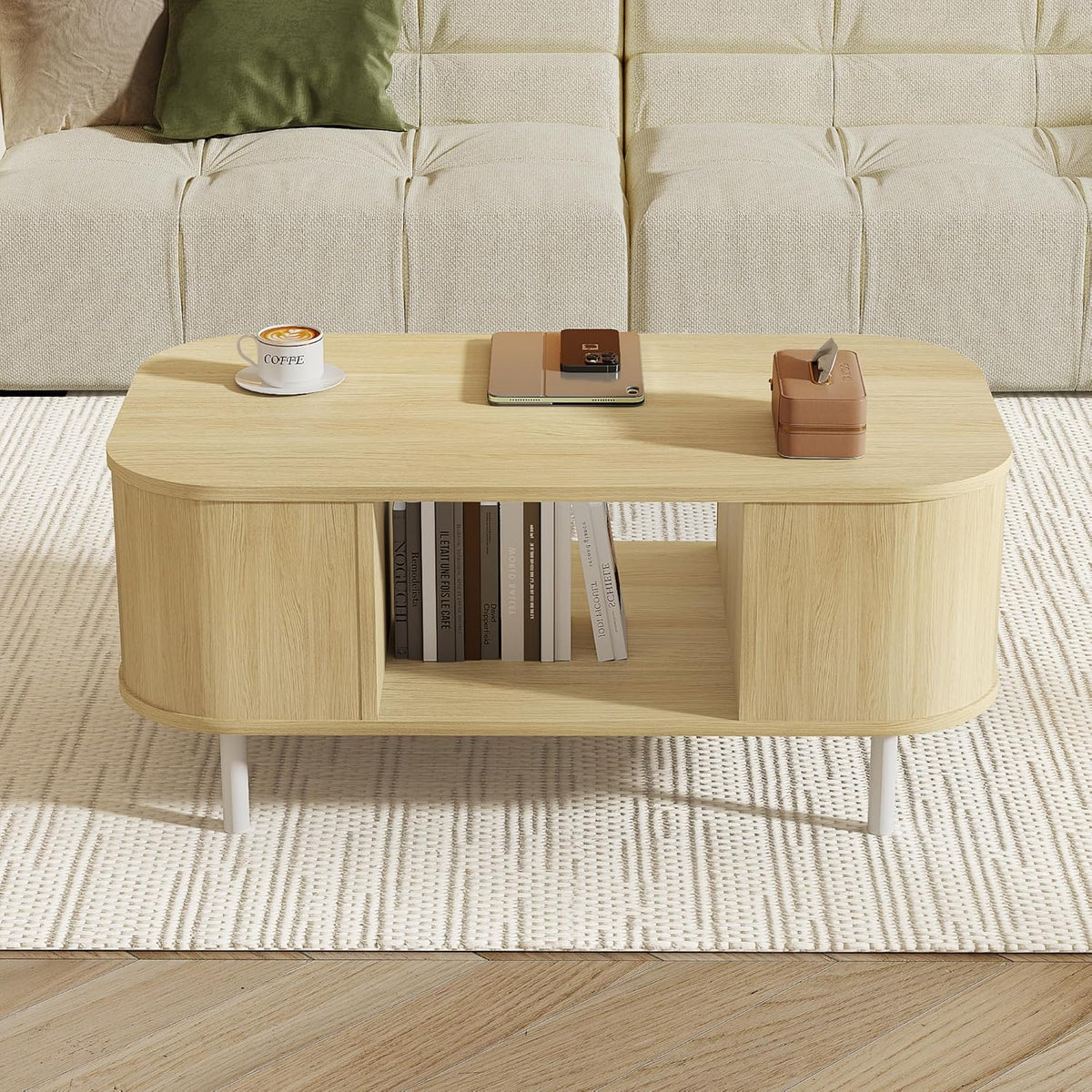 FROMJBEST 39.17" Oval Coffee Table with Sliding Doors, Mid-Century, Oak