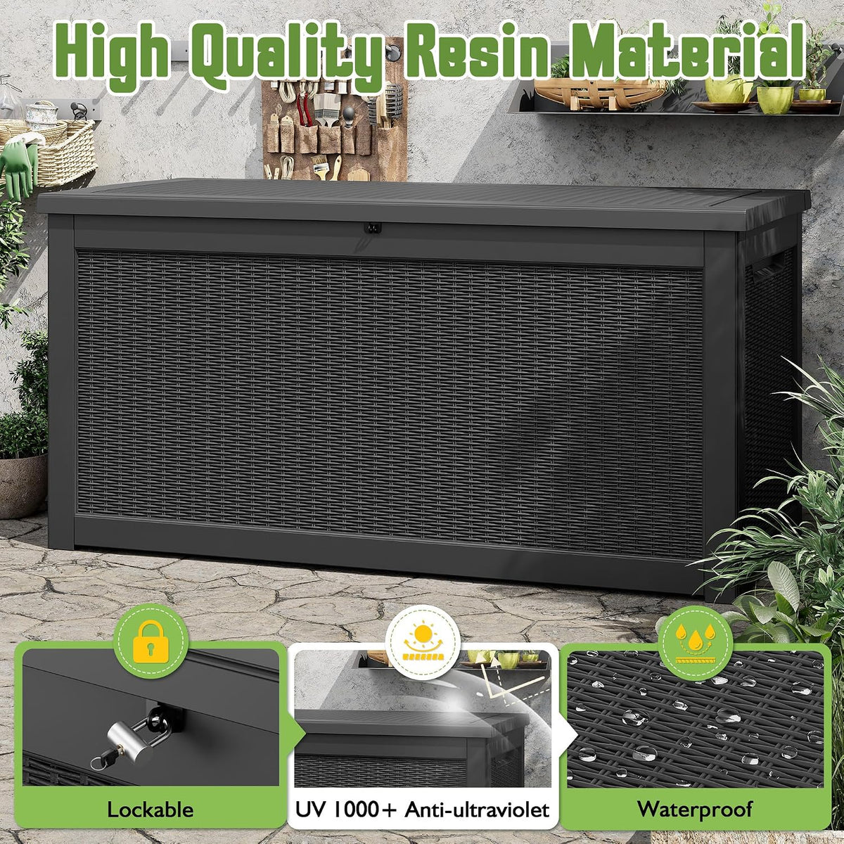 Outdoor Storage Waterproof Deck Box for Patio (300 Gallon, Black)