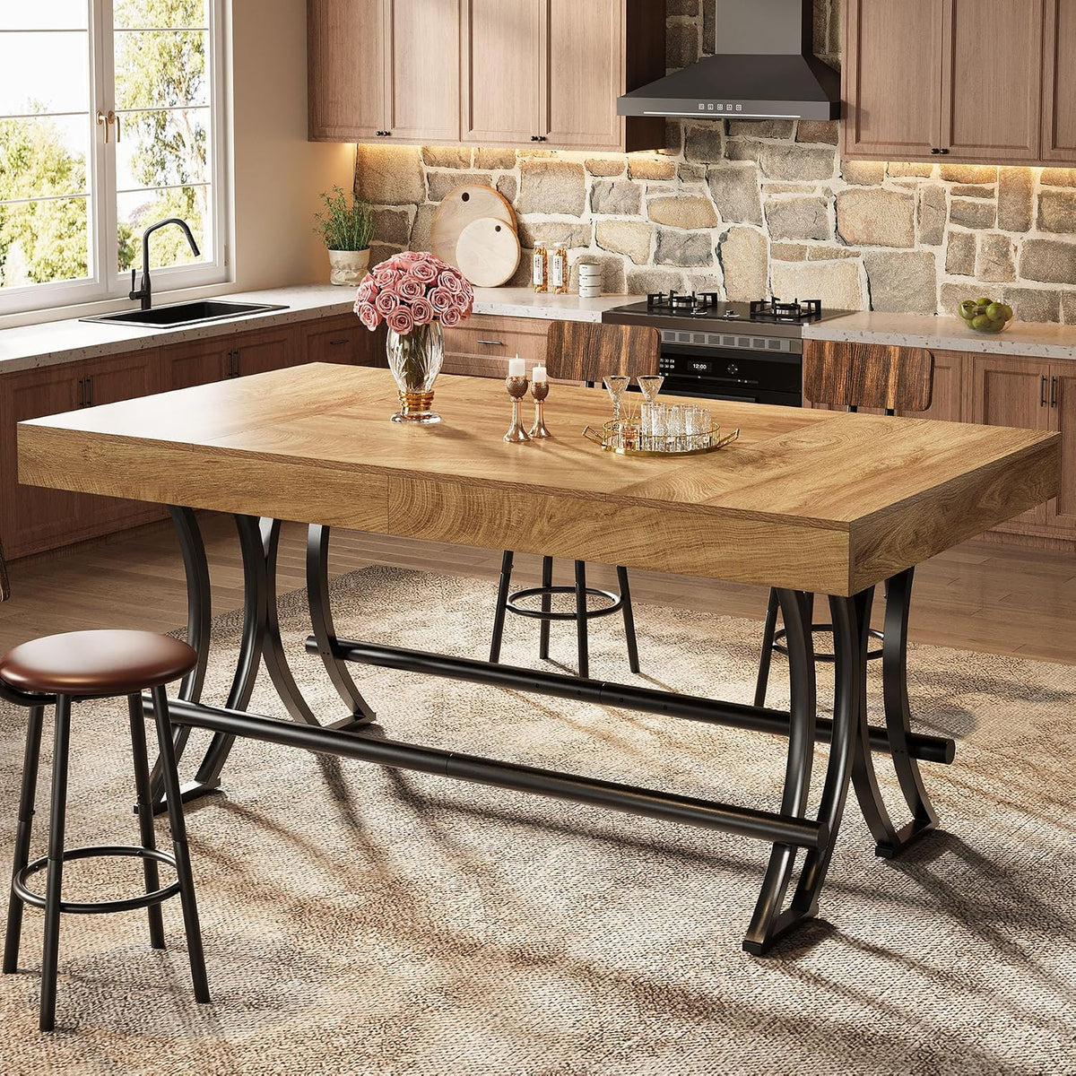 Tribesigns 63" Counter Height Bar Table with Metal Footrest, Rectangular Tall Kitchen Dining Pub Table, Industrial Home Bar Unit for Entertaining, Freestanding, Rustic Brown