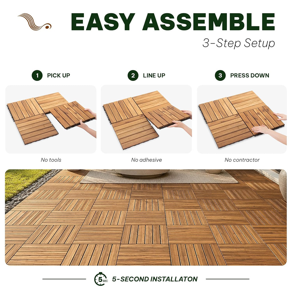 acacia interlocking deck tiles, 9 pcs wood flooring, close-up detail