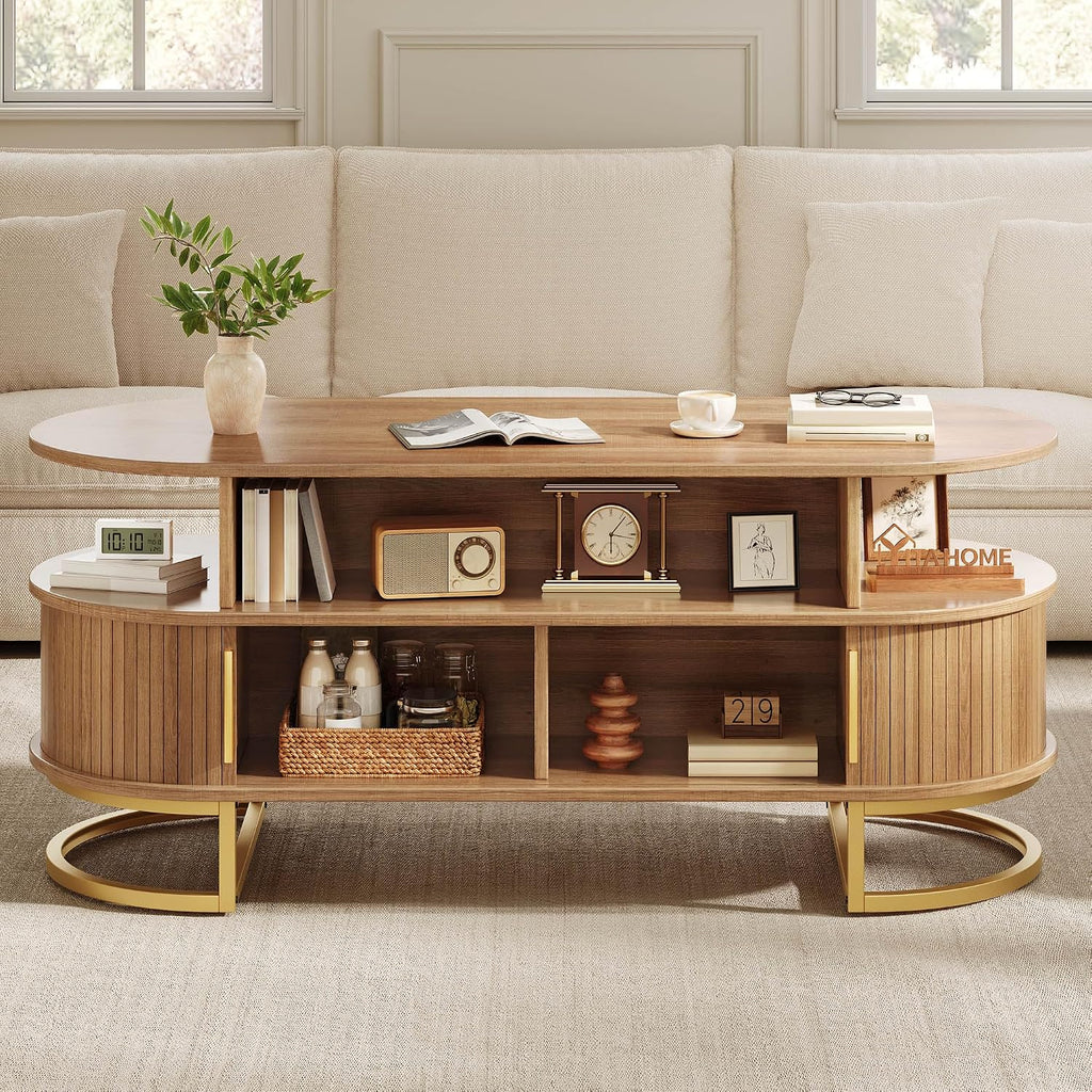 YITAHOME 47.2" Oval Coffee Table with Sliding Doors, Storage, Natural Oak