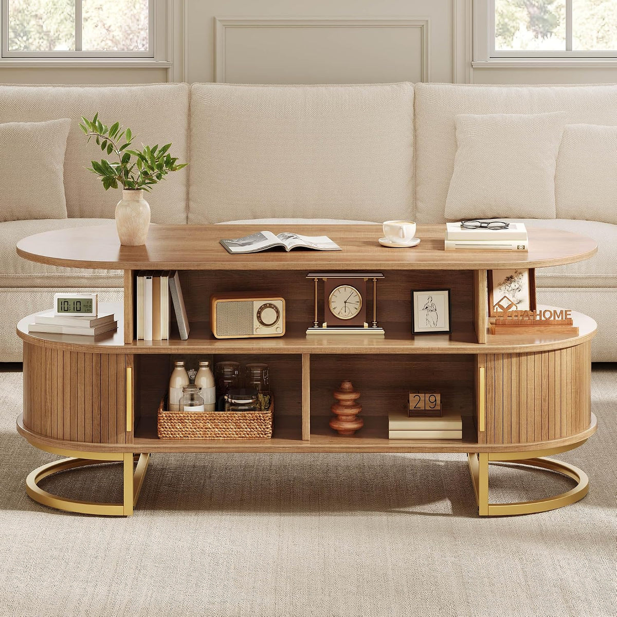 YITAHOME 47.2" Oval Coffee Table with Sliding Doors, Storage, Natural Oak