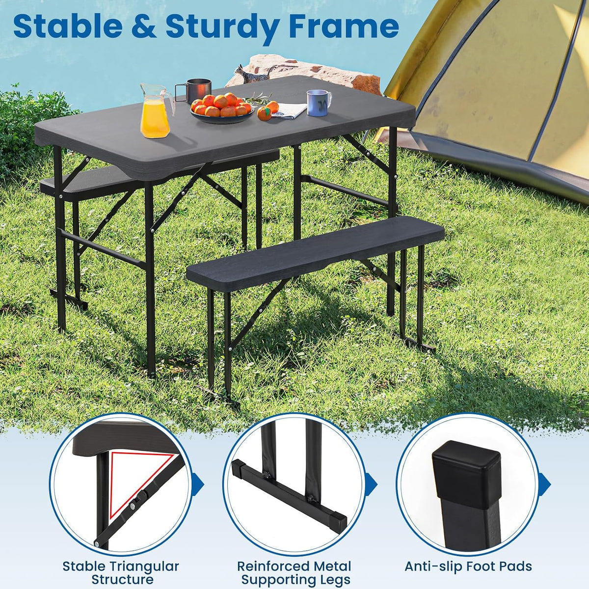 Tangkula Picnic Table with 2 Benches, 3 Piece Folding Picnic Table Set with HDPE Tabletop, Sturdy Metal Frame, 4 Person Plastic Folding Table for Indoor Outdoor Use (Black)