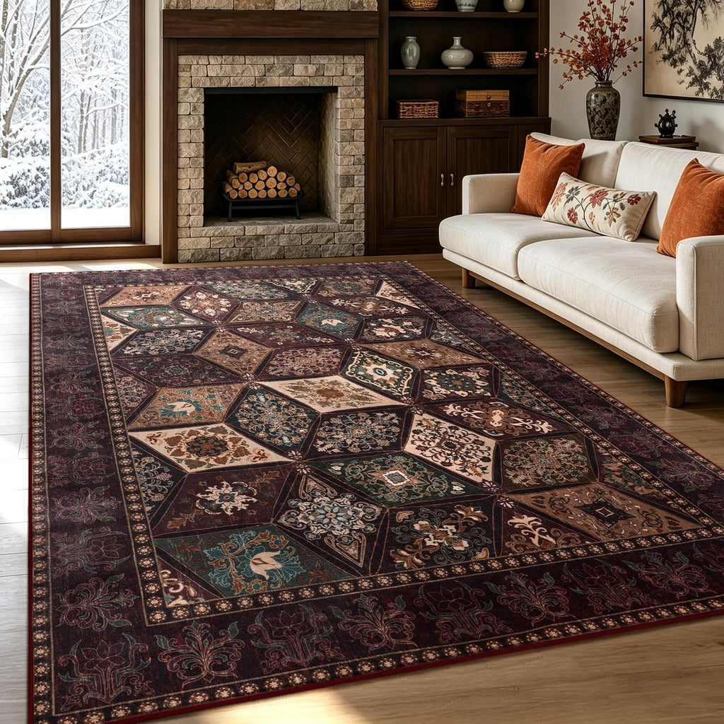 Moroccan Boho Floral Geometric Patchwork Washable 5x8 Large Area Rug
