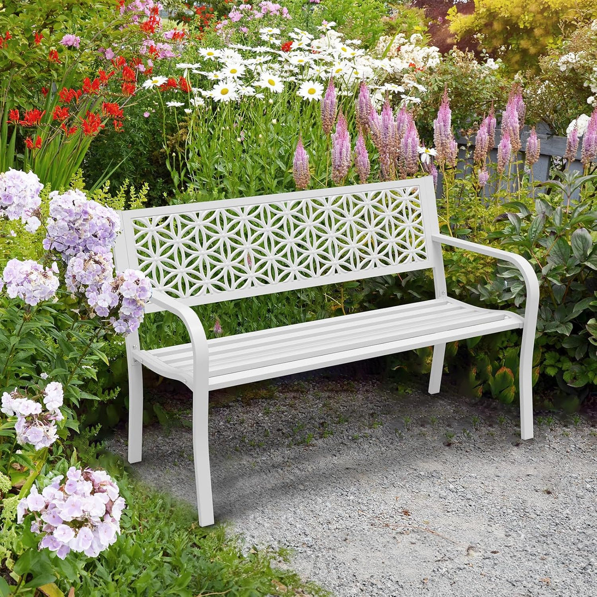 VINGLI 50" Outdoor Bench Metal with Floral Back, Garden Bench Front Porch Bench for Yard Patio Entryway Park Outside, 800lb Capacity - White