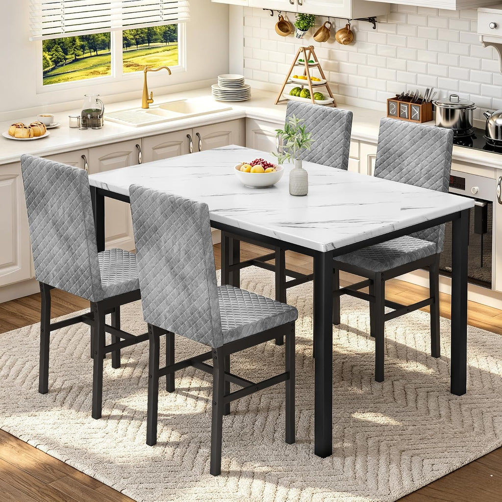 DKLGG Dining Table Set for 4, Faux Marble Kitchen Table with Velvet Upholstered Dinner Chairs, Small Dining Room Sets for Small Space Apartment Home