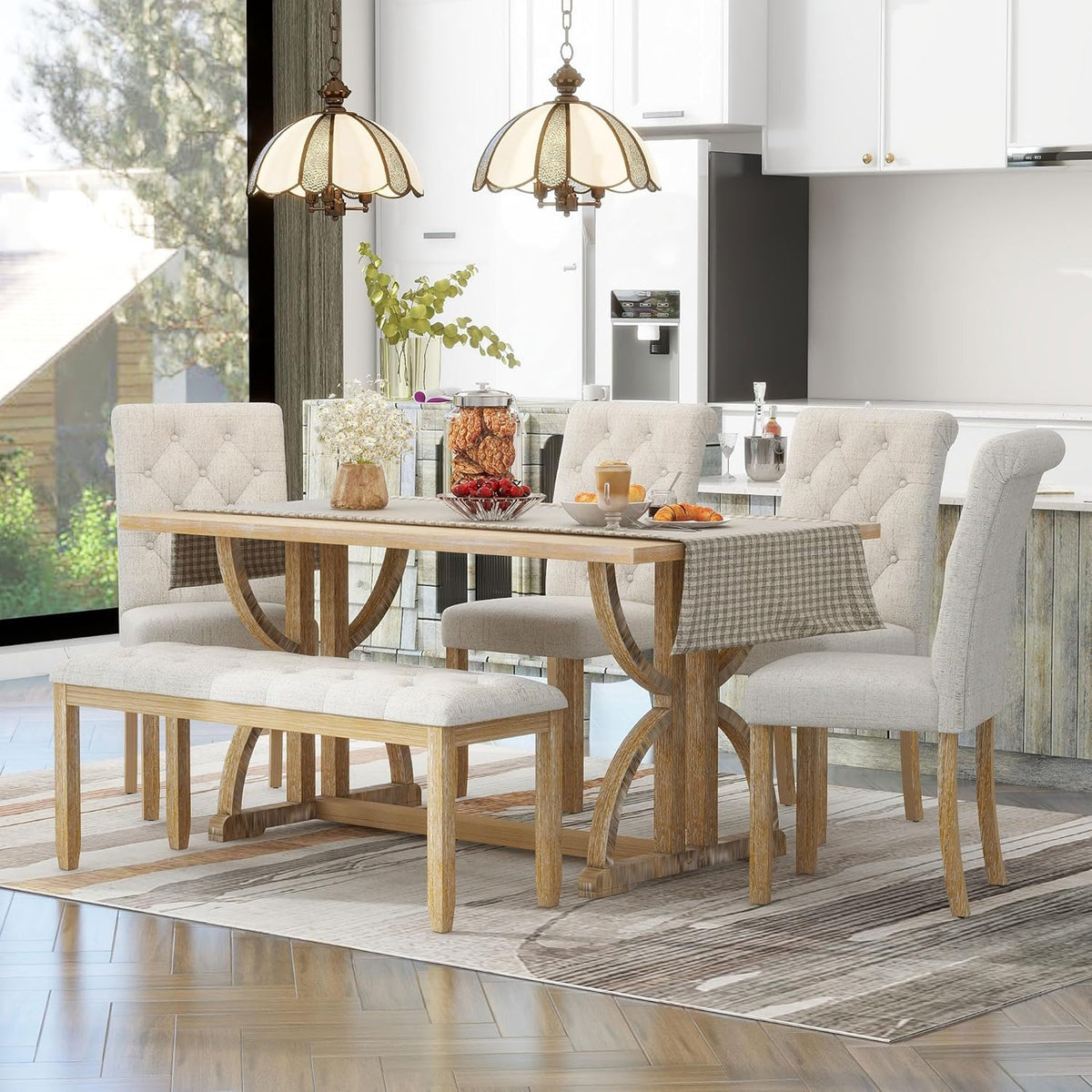 Merax 6-Piece Solid Wood Dining Table Set for 6, Wood Rectangular Kitchen Table Set with 4 Upholstered Chairs & 1 Bench for Dining Room & Kitchen, Natural Wood Wash
