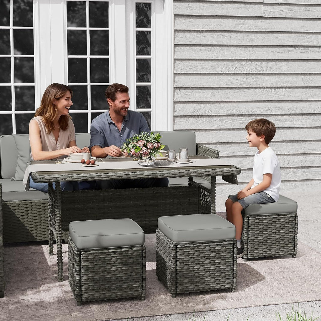 KIGOTY 7 Piece Patio Furniture Set, Outdoor PE Wicker Rattan Outdoor Dining Set, Patio Table and Chairs Set, Patio Conversation Sofa Set with Dining Table and Ottoman(Grey-Light Grey)
