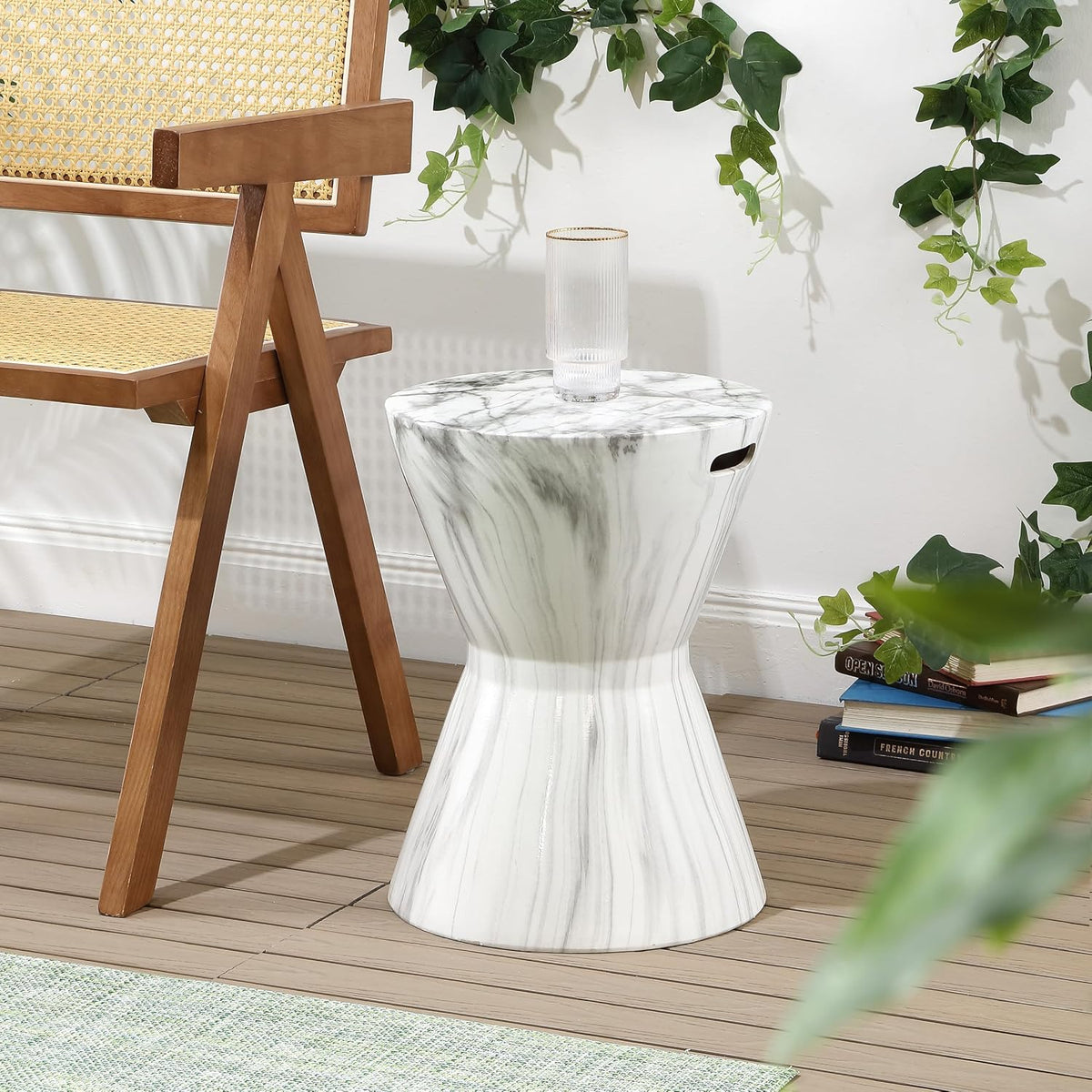 JONATHAN Y African Drum Ceramic Garden Stool 17.25", White Marble Finish