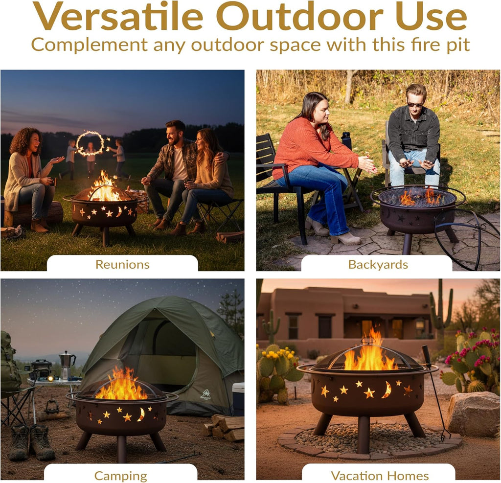 Sunnydaze Cosmic 30" Outdoor Wood Fire Pit with Grill Grate, Steel, Bronze