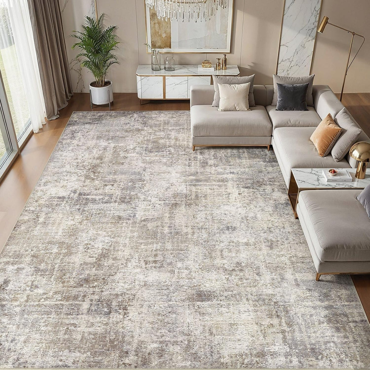 cotiled 8x10 Area Rug for Living Room, Abstract Washable Carpet, Brown Grey
