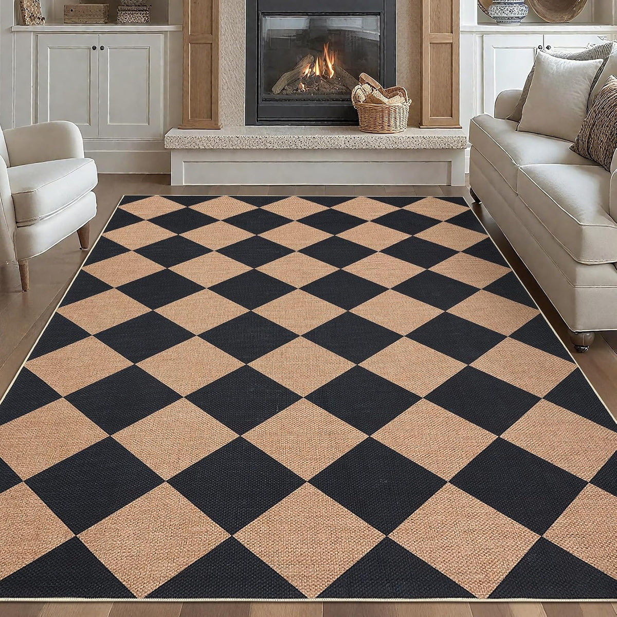 Garvee 6x9 Geometric Entryway Rug Easy Jute Washable Rugs, Black Brown